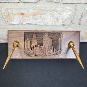 American Walnut Wood Lasar Engraved Chicago Skyline Desk Top Pen Holder